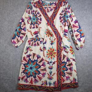 New York & Co Womens V Neck White Purple Floral Border Elastic Waist Sz XL READ